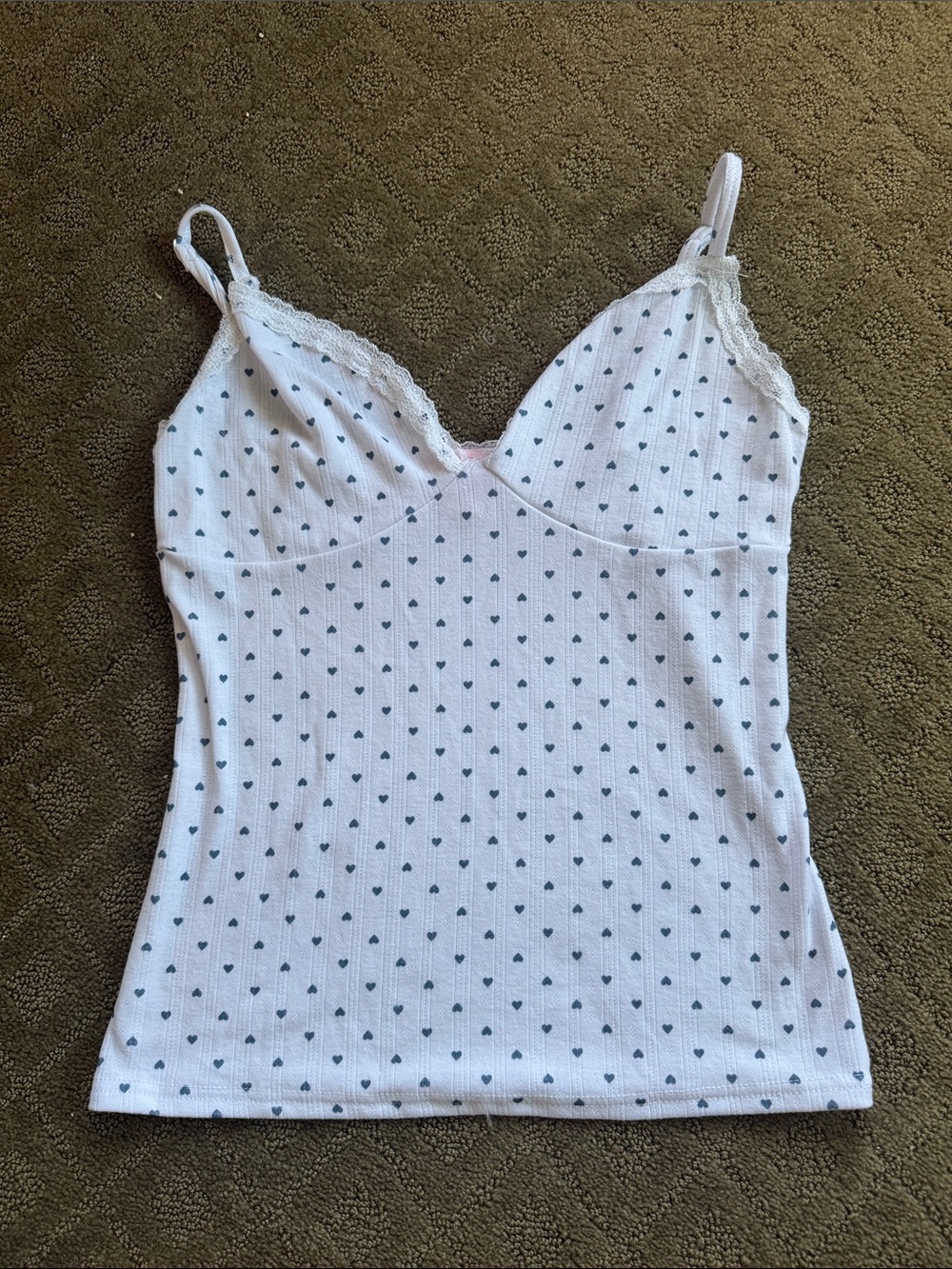 White Heart-Print Lace-Trim Cami Top